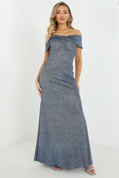 Blue Glitter Bardot Maxi Dress
